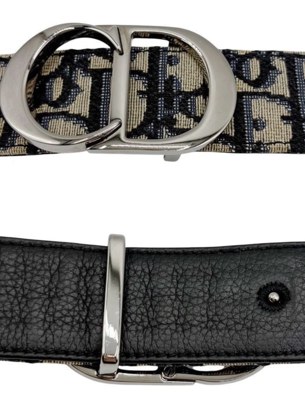 Dior Black Leather & Beige Monogram CD Buckle Belt